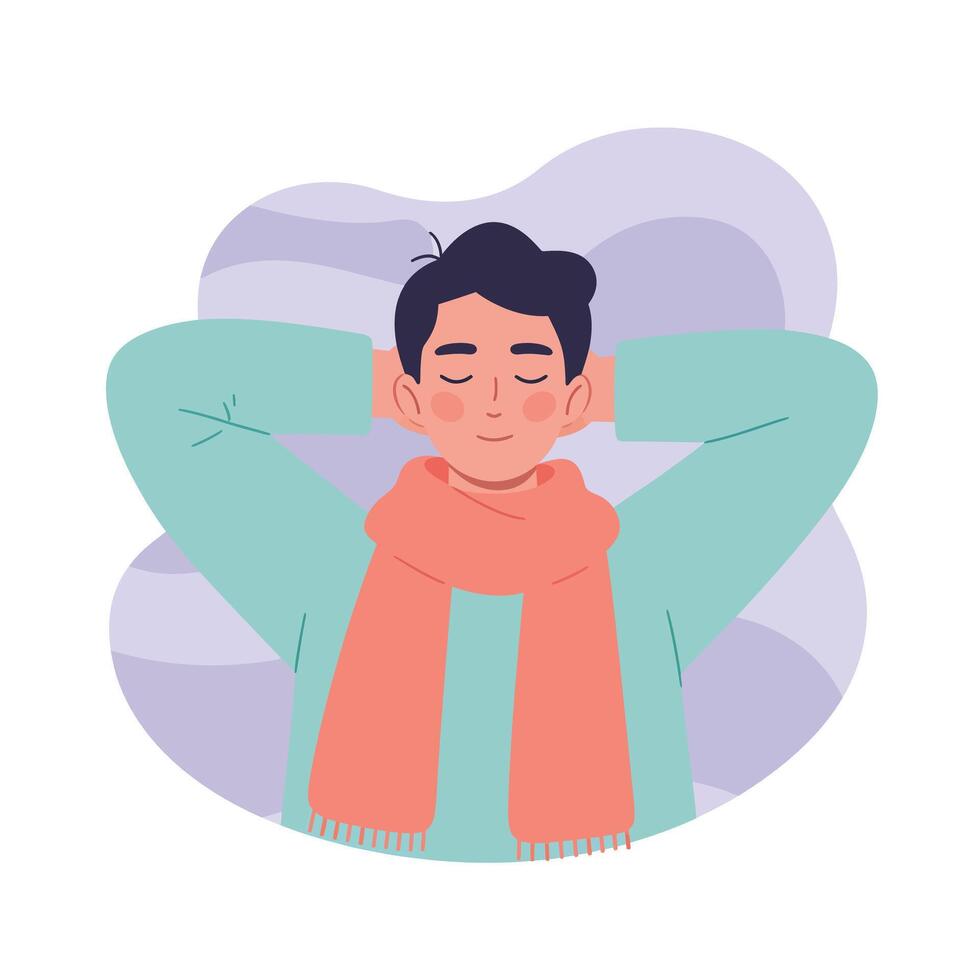 Relaxed young man enjoying calm moment with scarf and casual sweater in peaceful indoor setting illustration vector