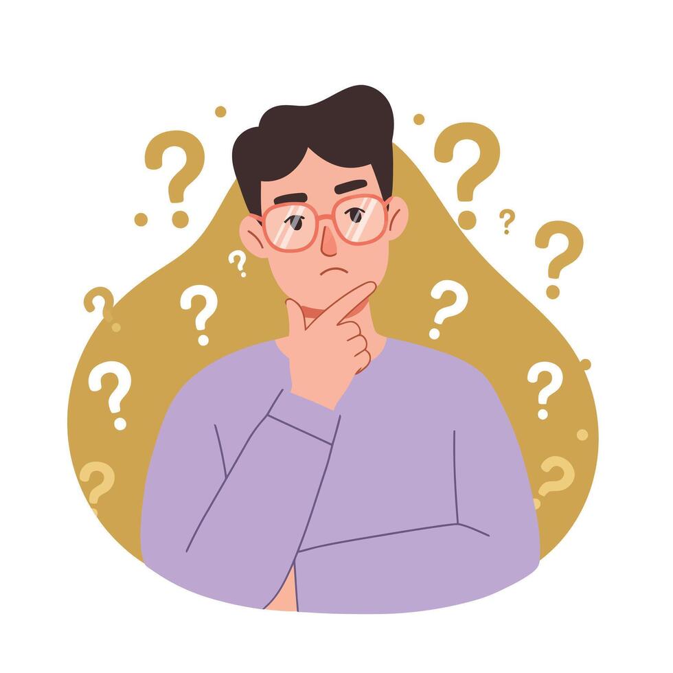 Young man thinking with question marks around head in purple sweater illustration vector