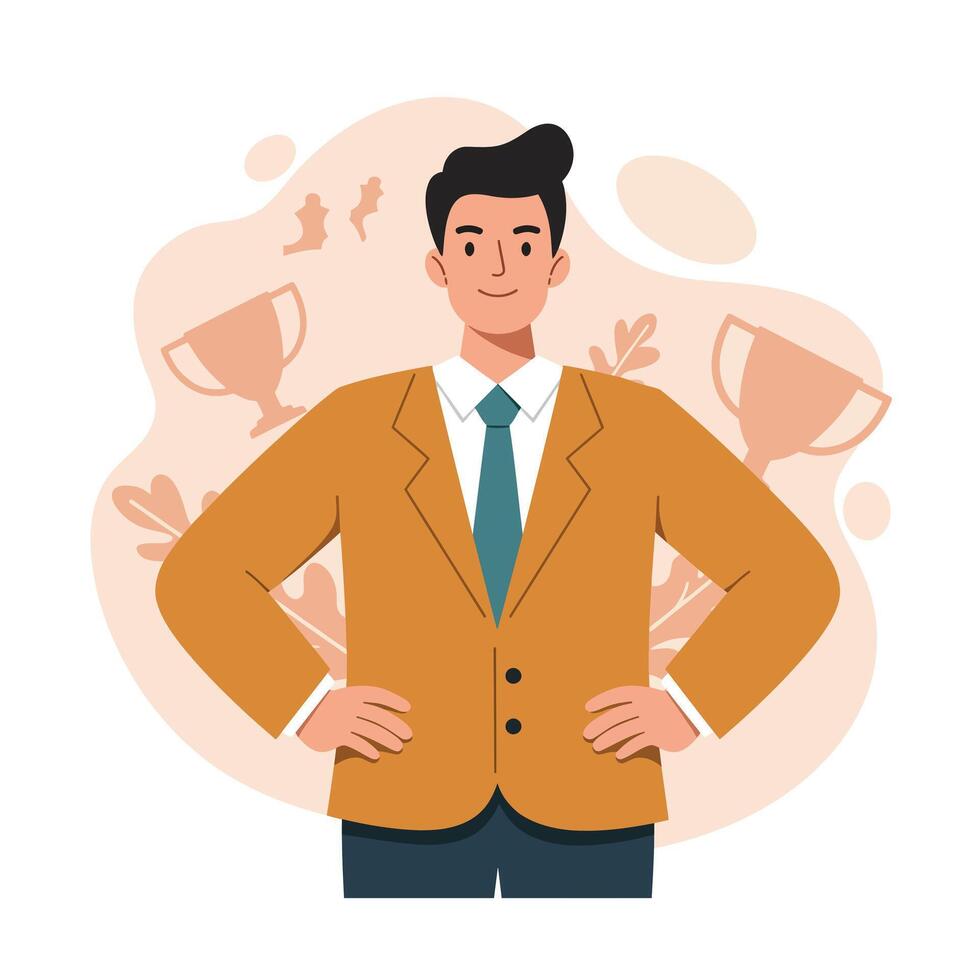 Confident man in brown suit standing with hands on hips surrounded by trophy silhouettes illustration vector