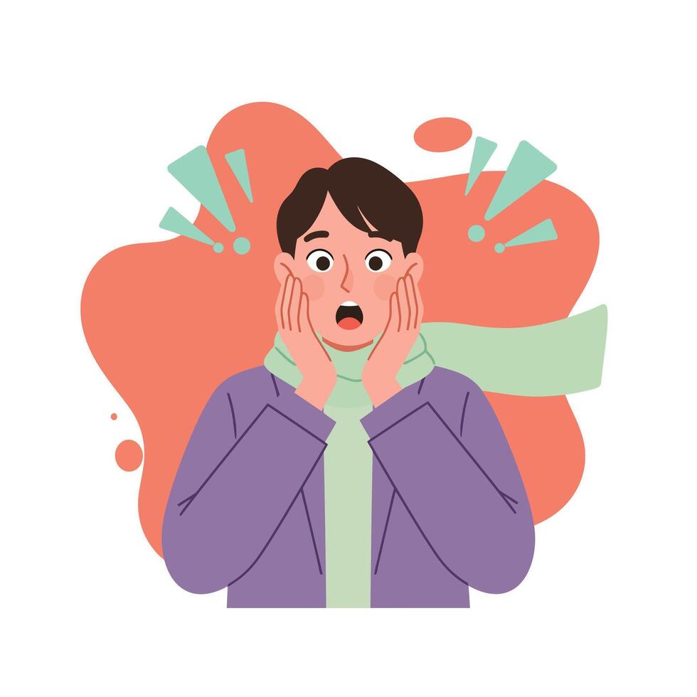 Young man shocked and surprised with hands on cheeks illustration in purple jacket and green scarf vector