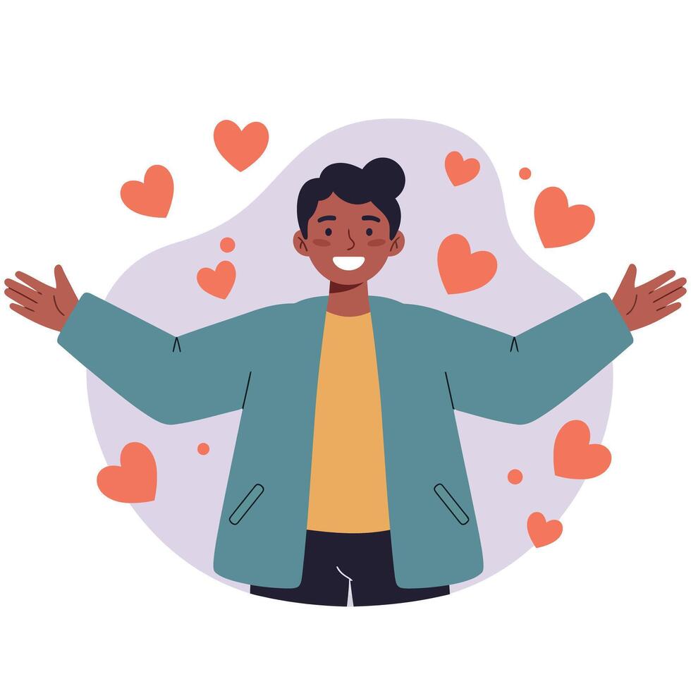 Happy person with open arms surrounded by red hearts love and positive emotions illustration vector