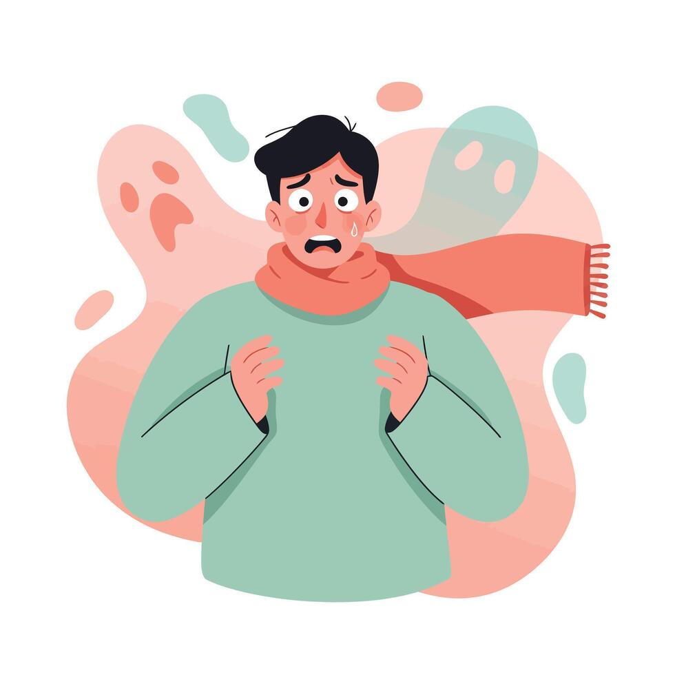 Anxious man with scarf feeling scared surrounded by ghost shapes in pastel colors illustration vector