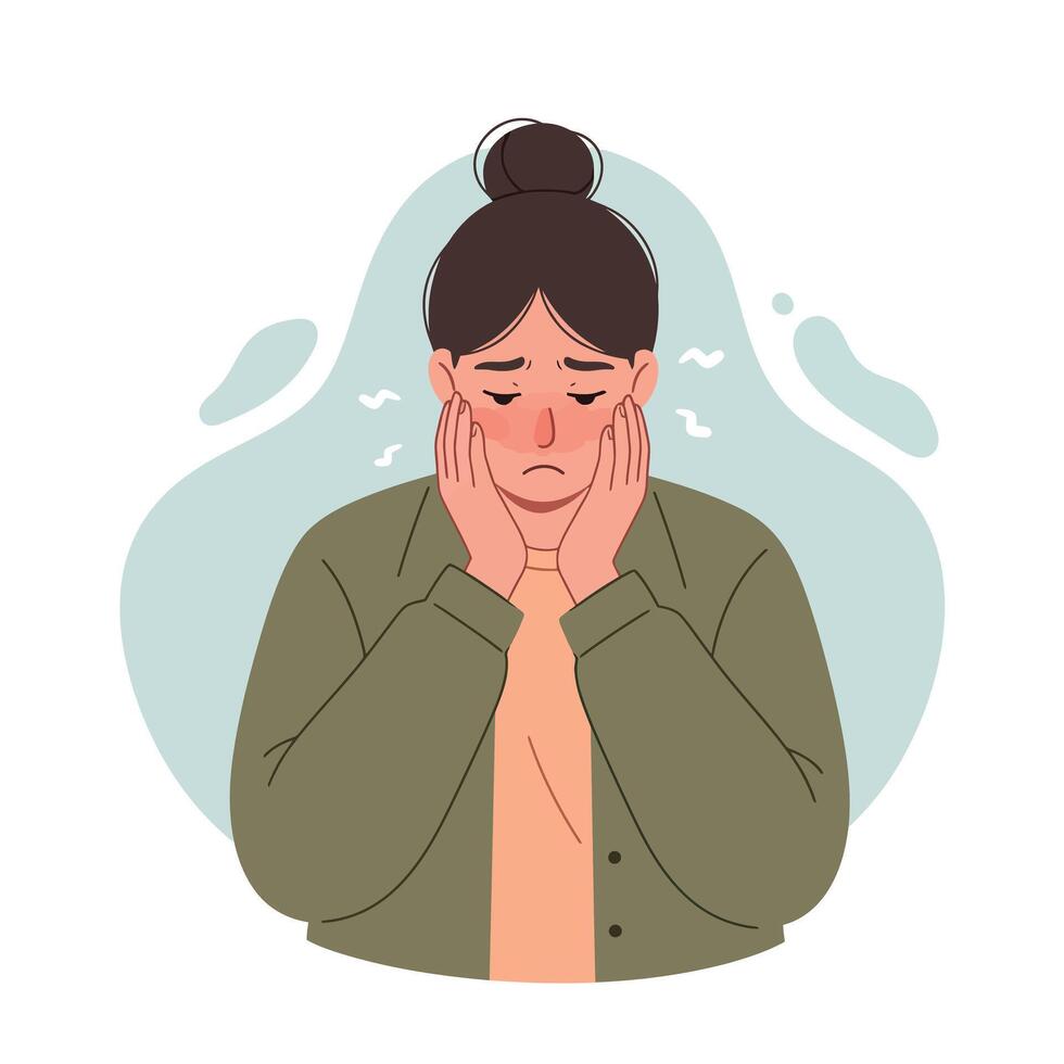 Sad woman with hands on face expressing stress and worry in casual green jacket illustration vector