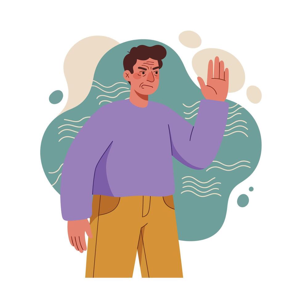 Man Showing Stop Gesture with Angry Expression Wearing Purple Sweater and Brown Pants Illustration vector