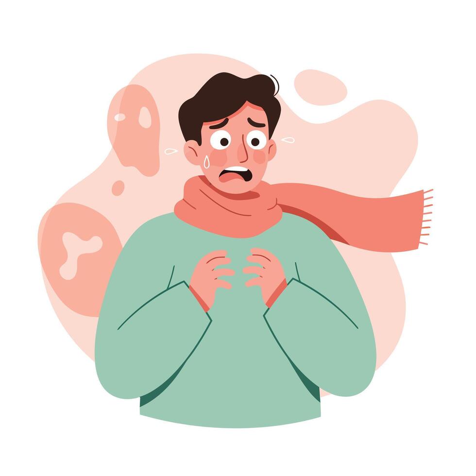 Man with cold symptoms wearing scarf and green sweater surrounded by germs and viruses illustration vector