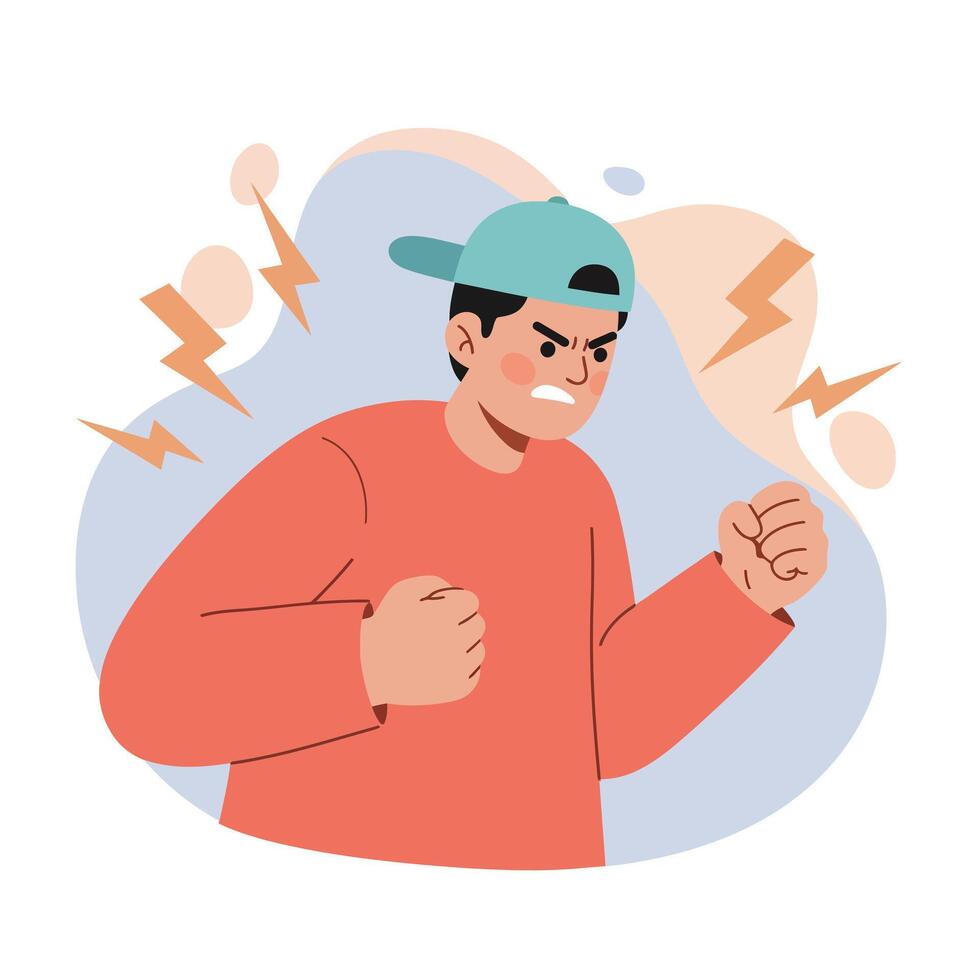 Angry young man wearing baseball cap with clenched fists expressing frustration and tension illustration vector