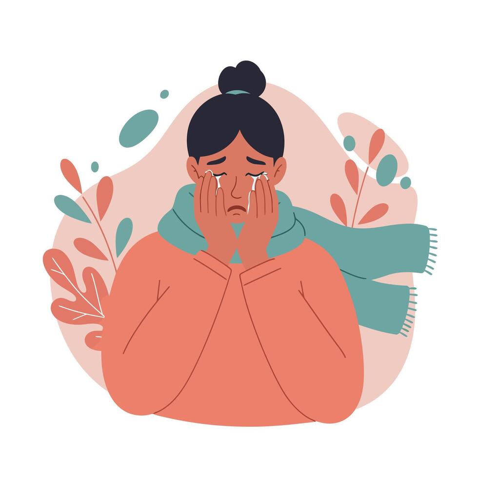 Sad woman crying with hands on face wearing scarf and sweater in autumn emotional moment illustration vector