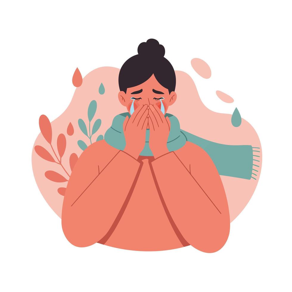 Woman with cold symptoms sneezing into tissue wearing scarf and warm sweater illustration vector