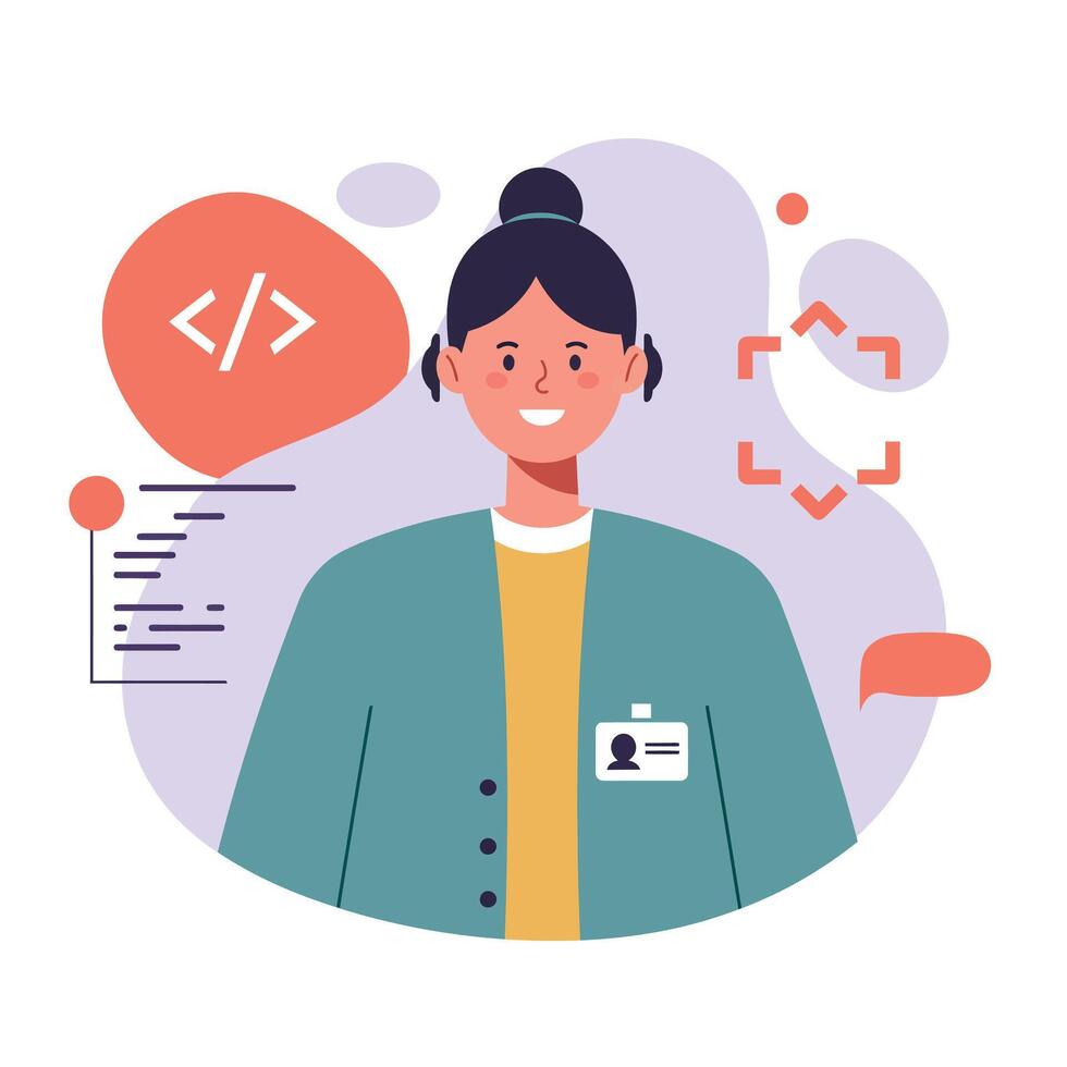 Female software developer coding and programming illustration with ID badge and code symbols vector