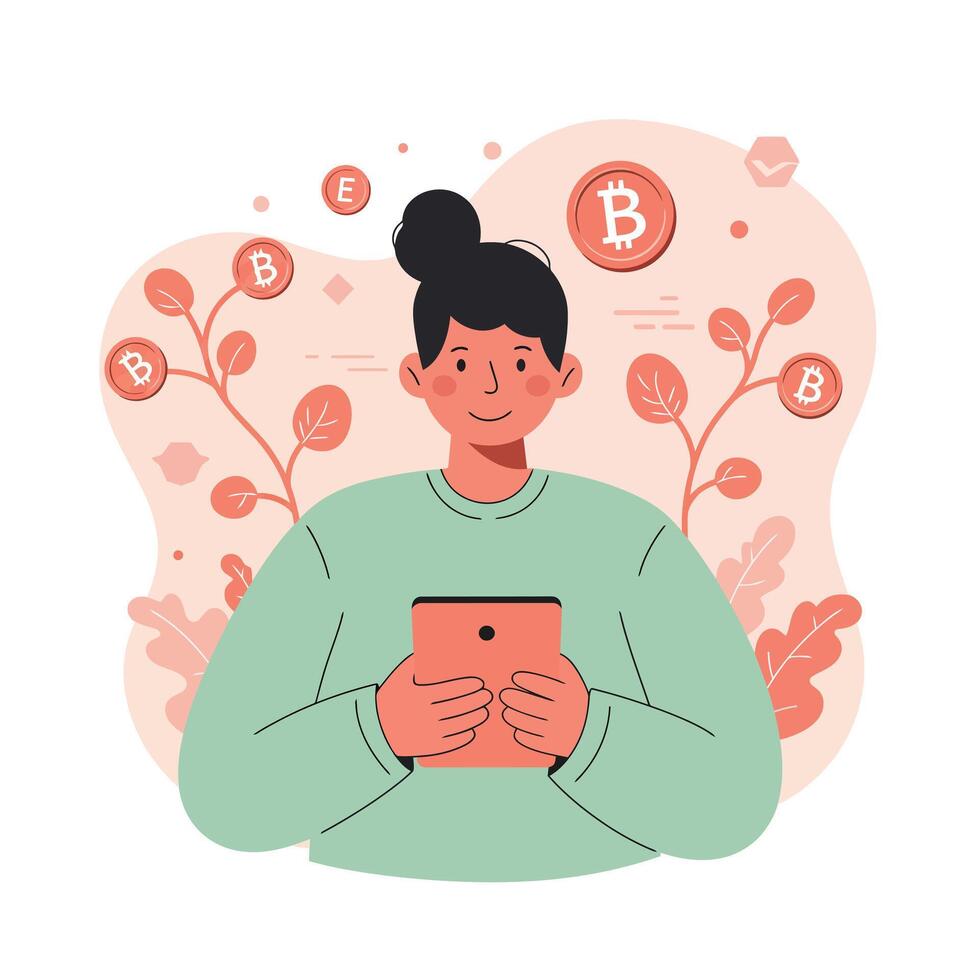Woman using tablet surrounded by cryptocurrency symbols bitcoin ethereum digital finance concept illustration vector