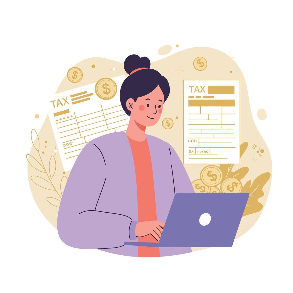 Woman calculating tax payments on laptop with financial documents and money symbols in background illustration vector