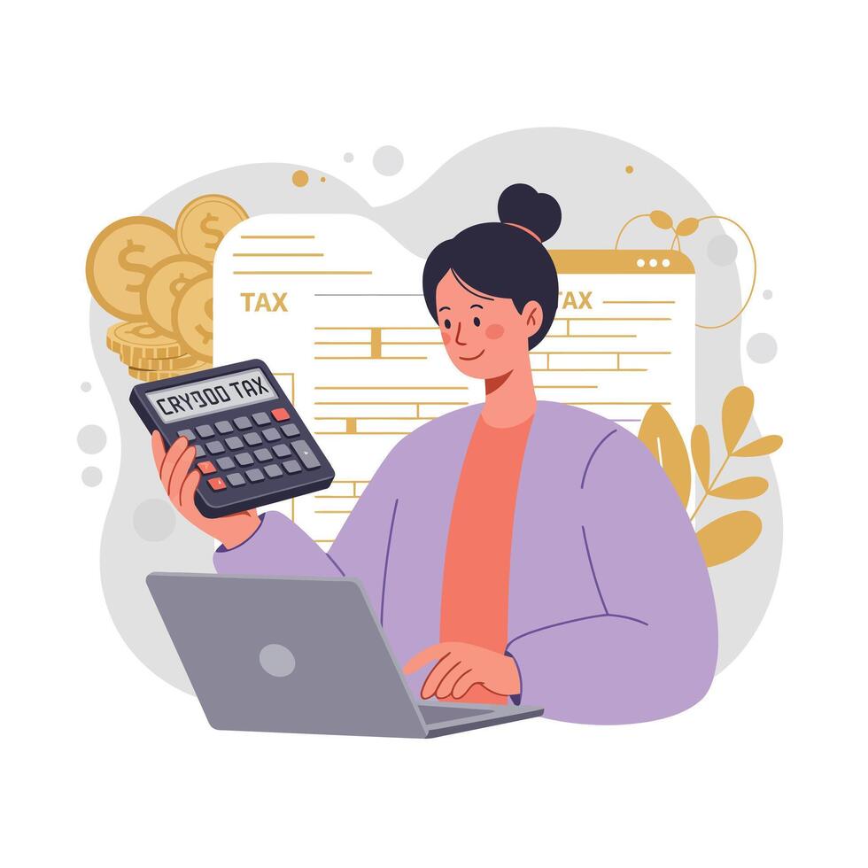 Woman calculating crypto tax with laptop and calculator in financial workspace illustration vector