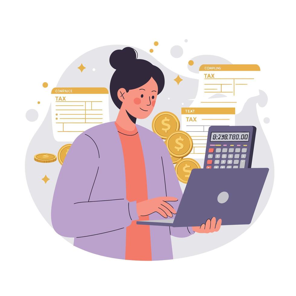 Woman calculating tax payments using laptop and calculator with floating money coins and tax forms illustration vector