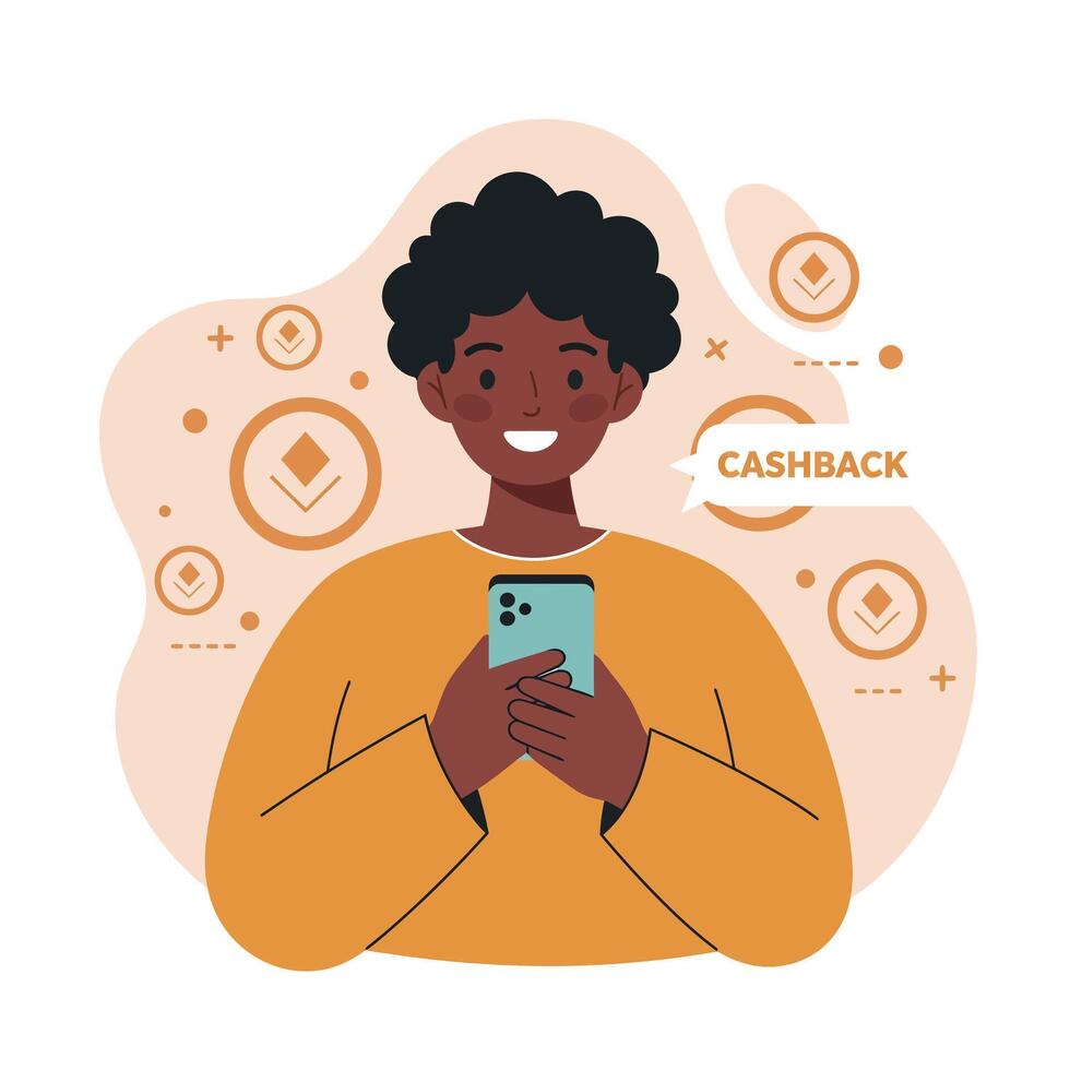 Young person using mobile phone with cashback notification in orange and beige illustration vector