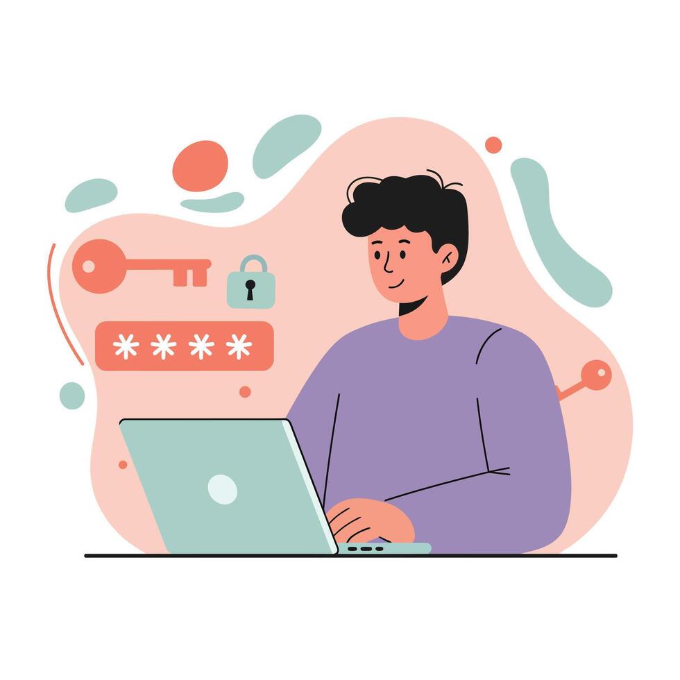 Young man using laptop with digital security icons and password protection illustration in modern style vector
