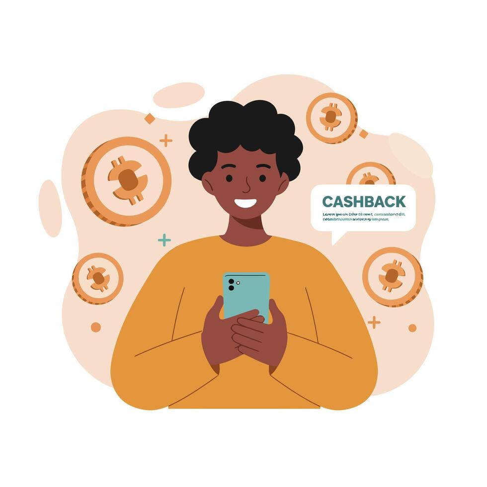 Young man using smartphone for cashback rewards digital money concept with coins and happy expression illustration vector