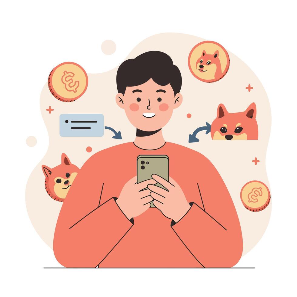 Young man using smartphone with cryptocurrency and doge coin icons digital finance illustration vector