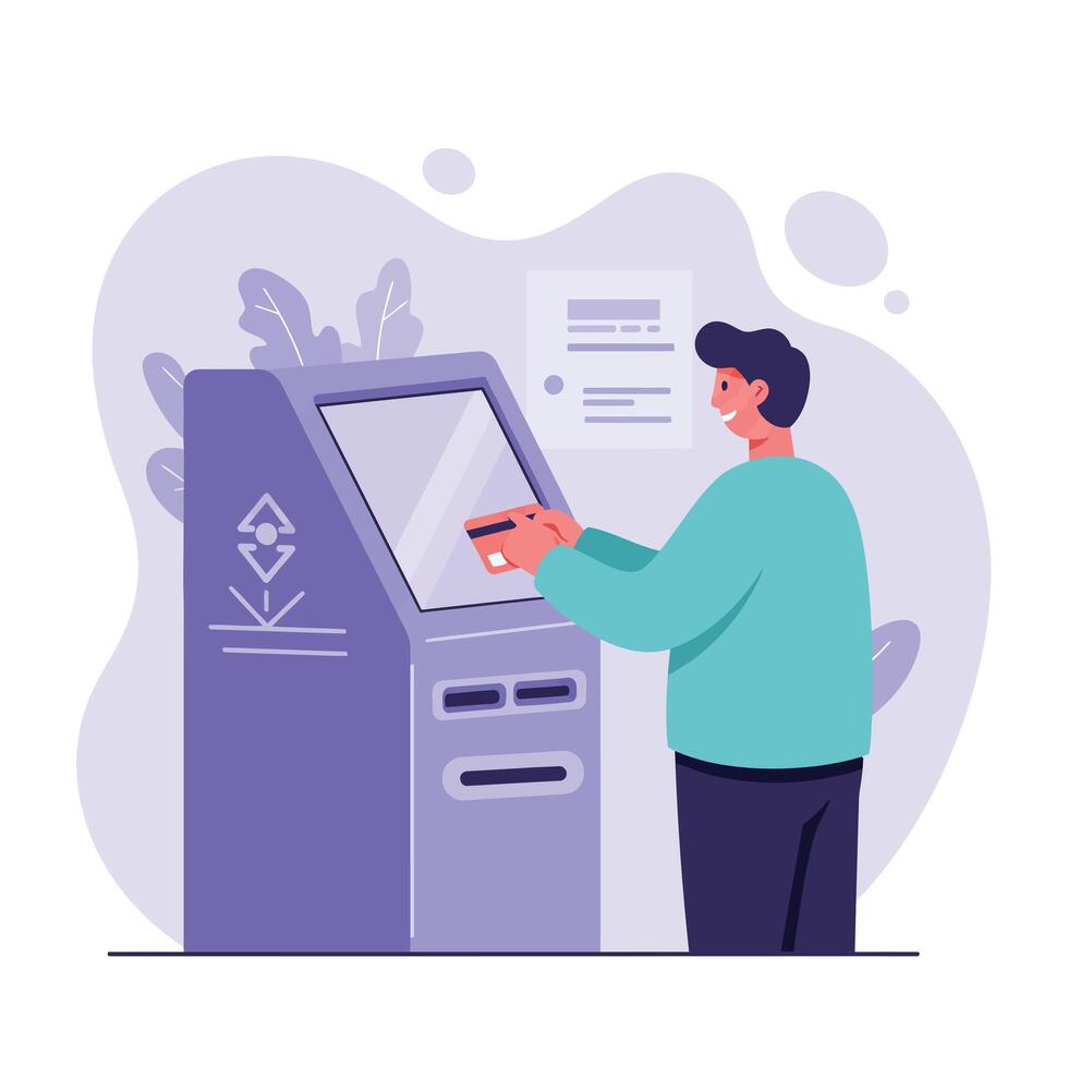 Man using purple ATM machine with credit card for banking transaction illustration vector