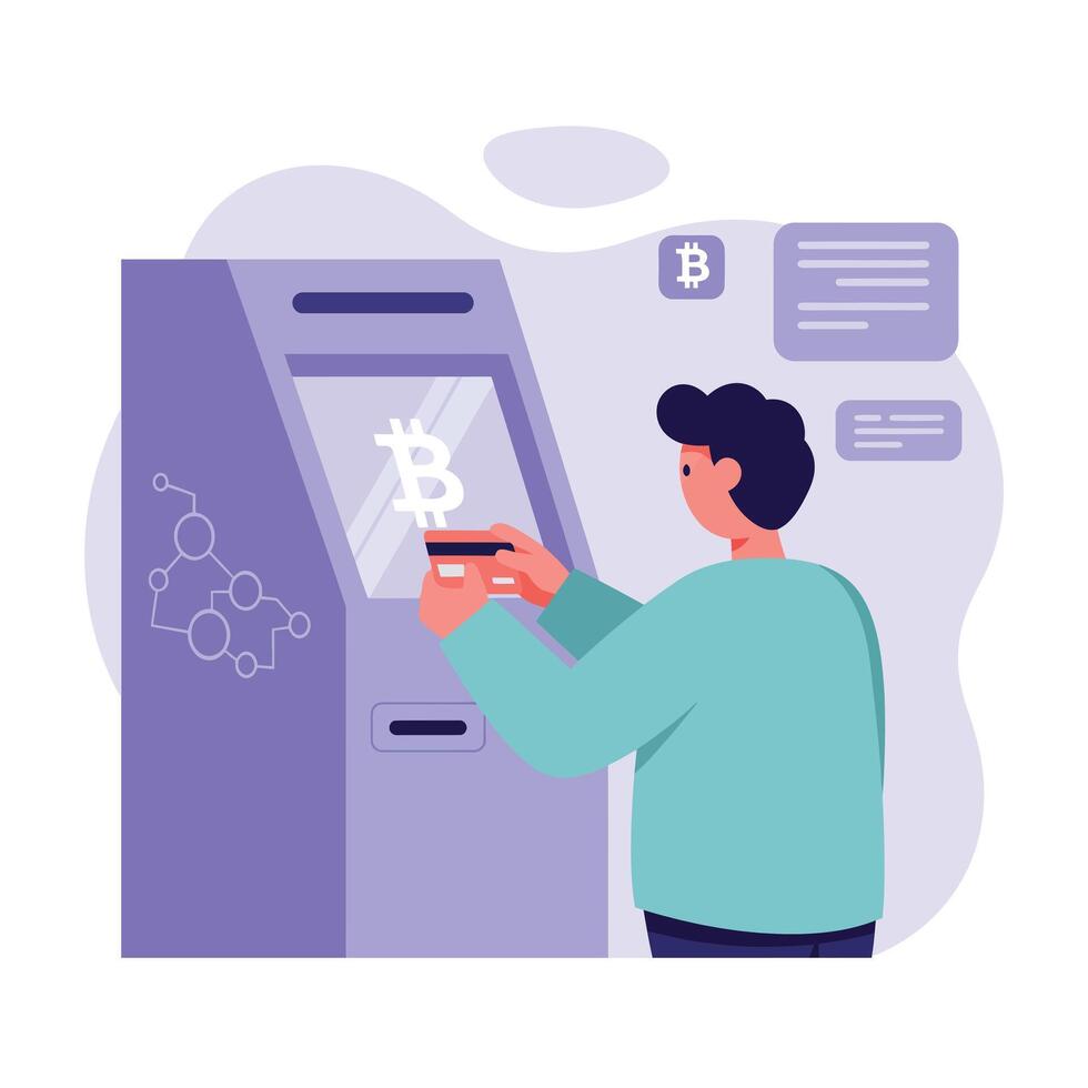 Person Using Bitcoin ATM Machine for Cryptocurrency Transactions in Modern Digital Finance Environment vector