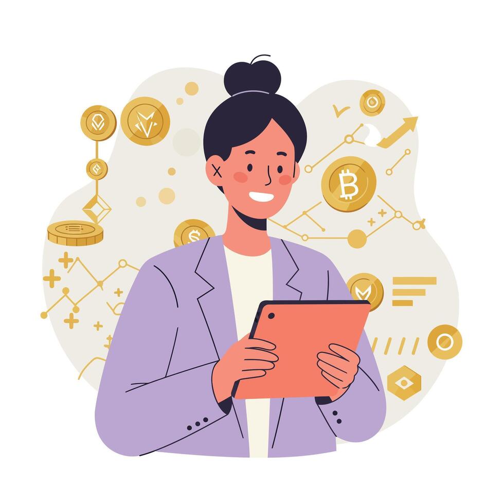 Woman holding tablet with cryptocurrency symbols and graphs digital investment concept illustration vector