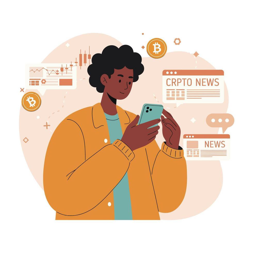 Young man reading cryptocurrency news on smartphone with bitcoin icons and data charts illustration vector