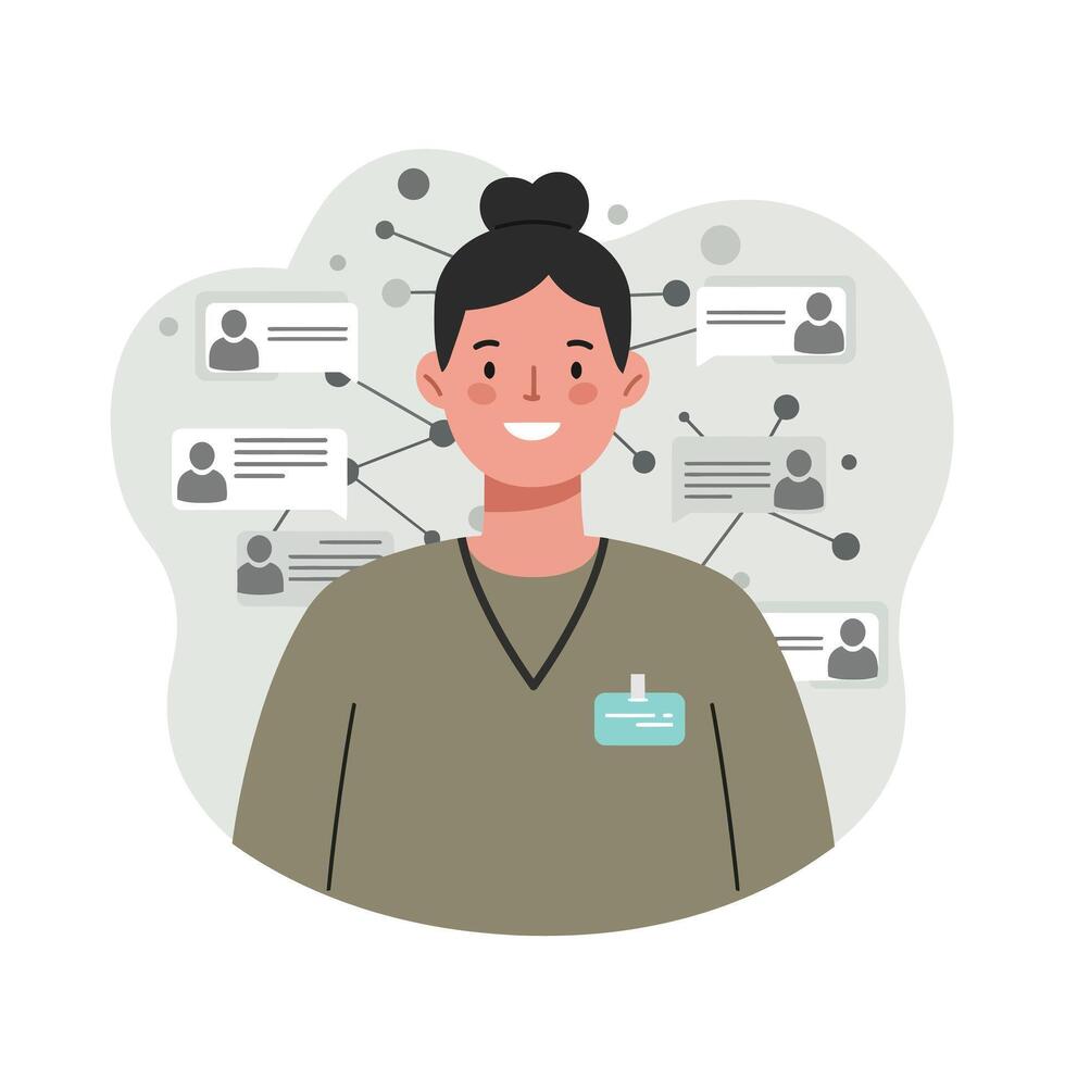 Smiling person with social network connections and identification badge in casual clothing illustration vector