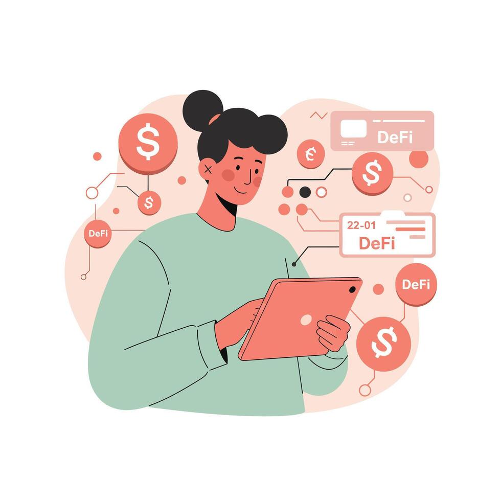 Woman Using Tablet with Decentralized Finance Icons and Currency Symbols Digital Illustration vector