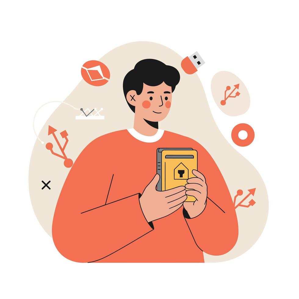 Person holding external hard drive with data transfer icons technology digital storage concept illustration vector