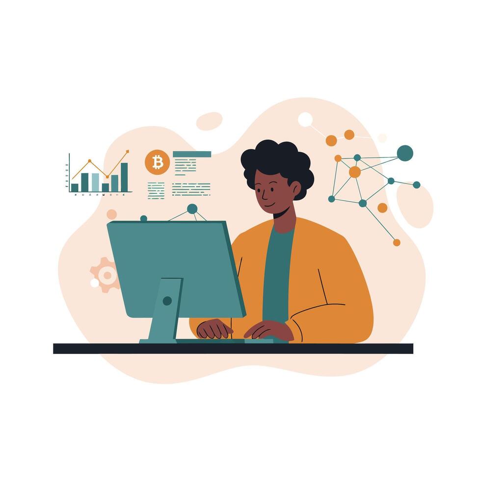 Young man working on computer analyzing cryptocurrency data and blockchain network illustration vector