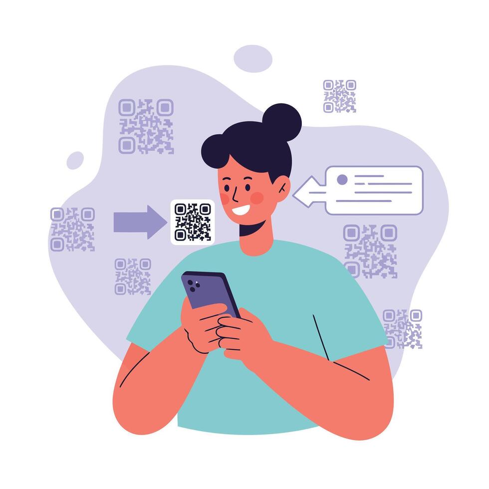Young woman scanning QR codes on smartphone with digital communication and technology elements illustration vector