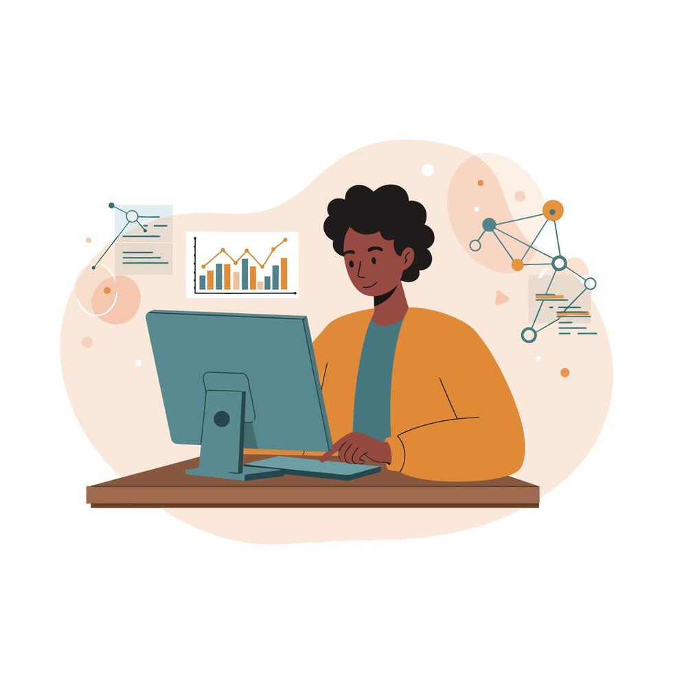Person working on desktop computer analyzing data charts and graphs in office environment illustration vector