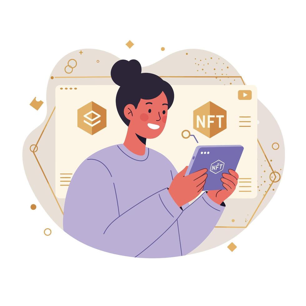 Woman using digital tablet for NFT cryptocurrency blockchain technology investment illustration vector