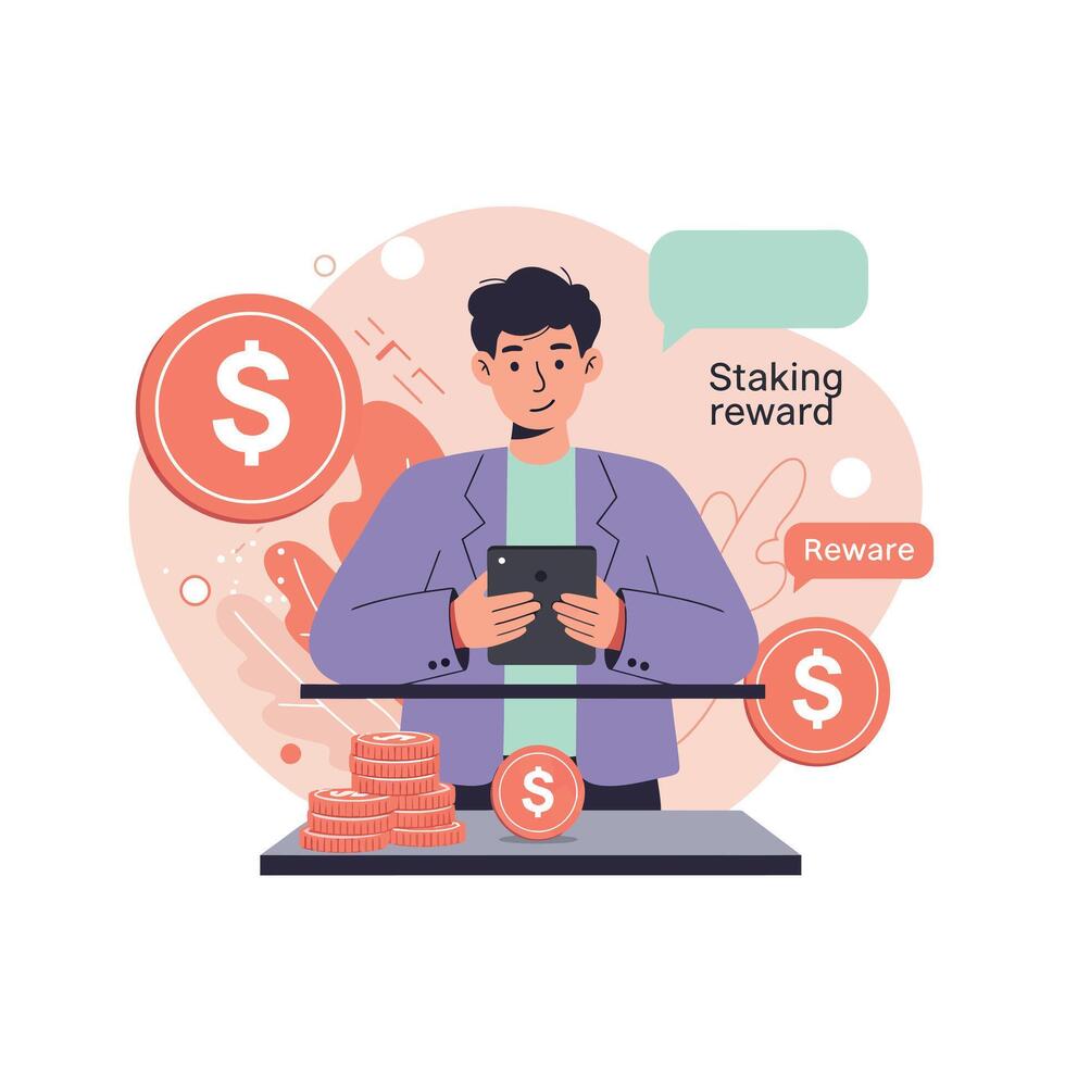Man using tablet with digital staking reward concept and coins illustration in modern flat style vector