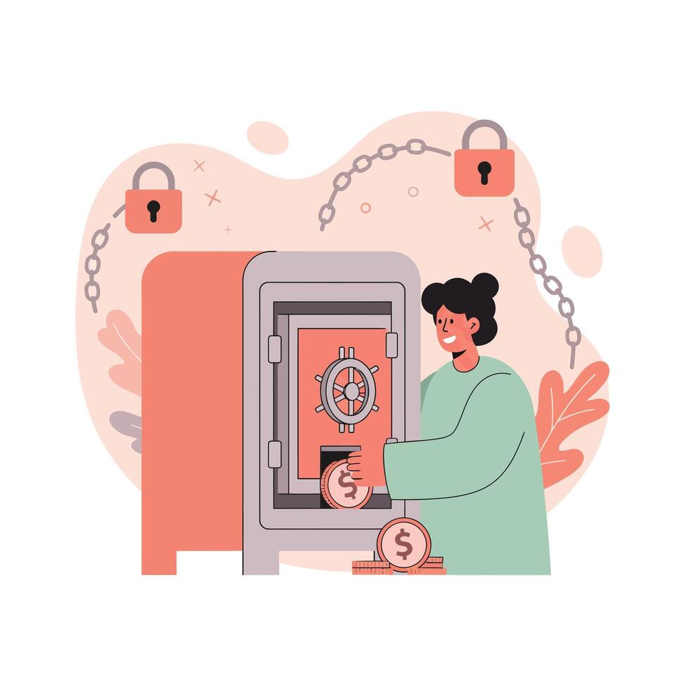 Person securing money coins into safe with locks and chains security concept illustration in coral green colors vector