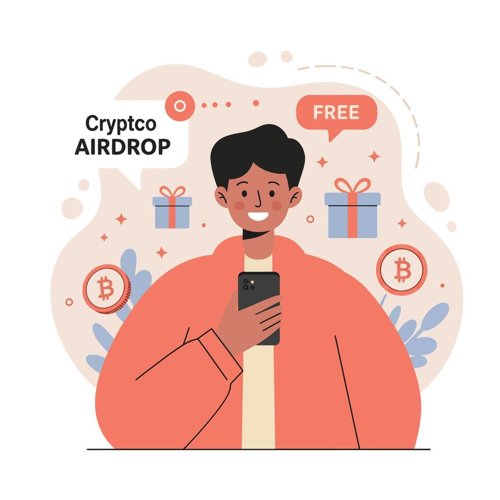 Young man holding smartphone receiving free crypto airdrop with gift boxes and bitcoin icons in digital illustration vector