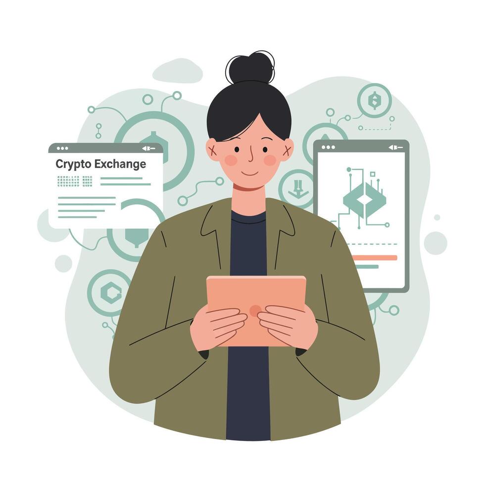 Woman using tablet for crypto exchange technology and digital currency trading illustration vector