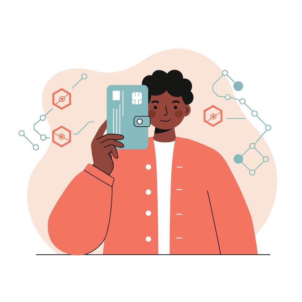 Person holding mobile device with scientific molecular structures in background technology and communication concept vector