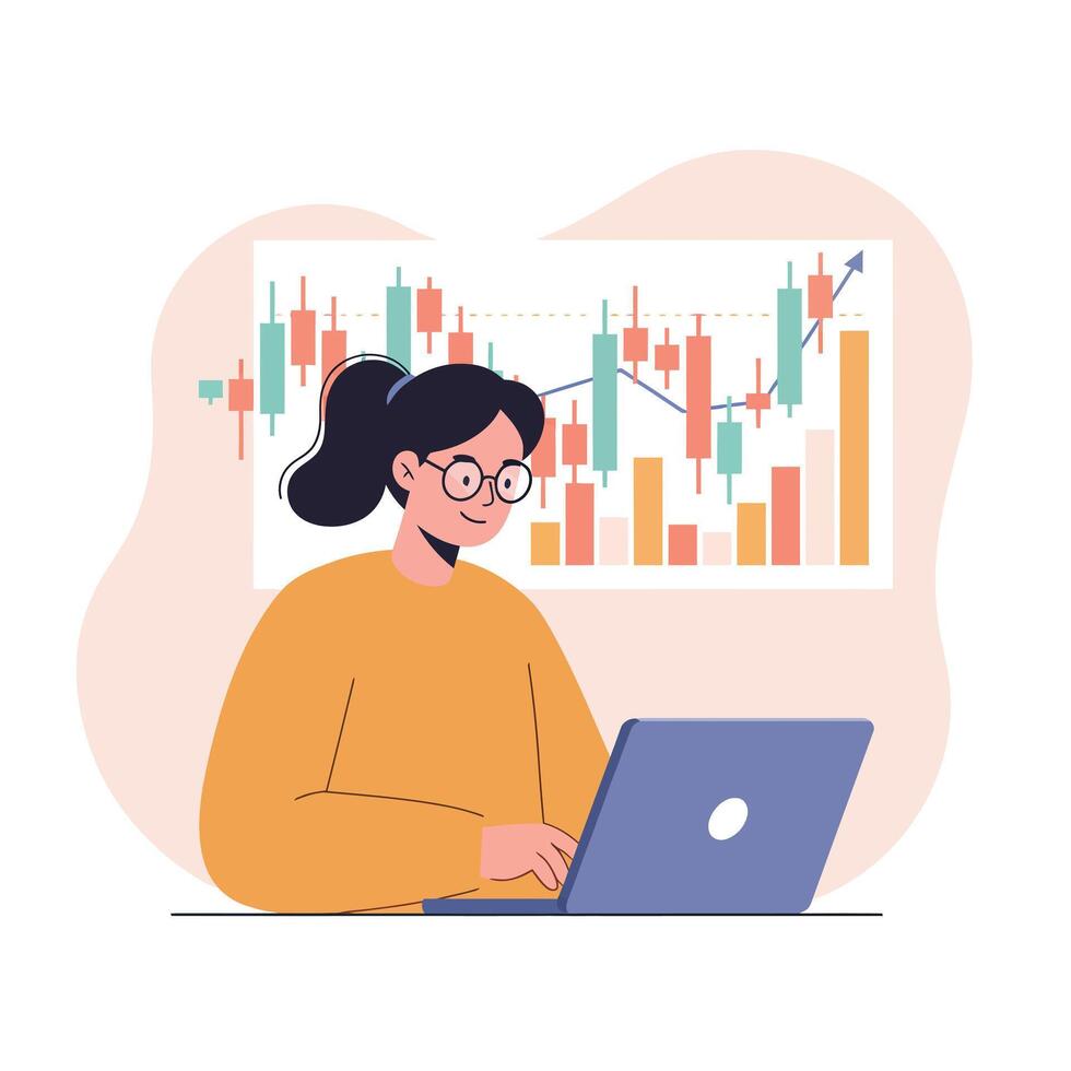 Woman working on laptop analyzing financial growth chart with upward trend and bar graph illustration vector