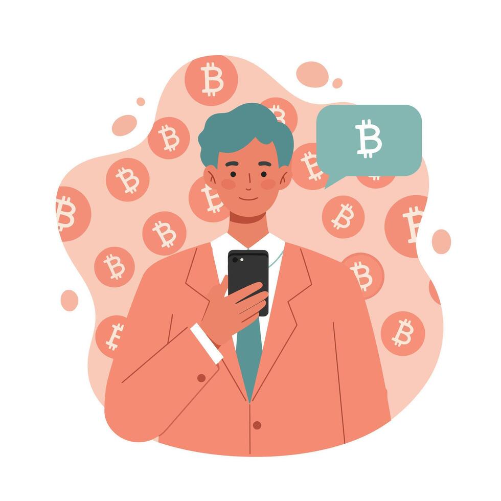 Man using smartphone for bitcoin cryptocurrency digital currency transaction illustration in coral and teal colors vector