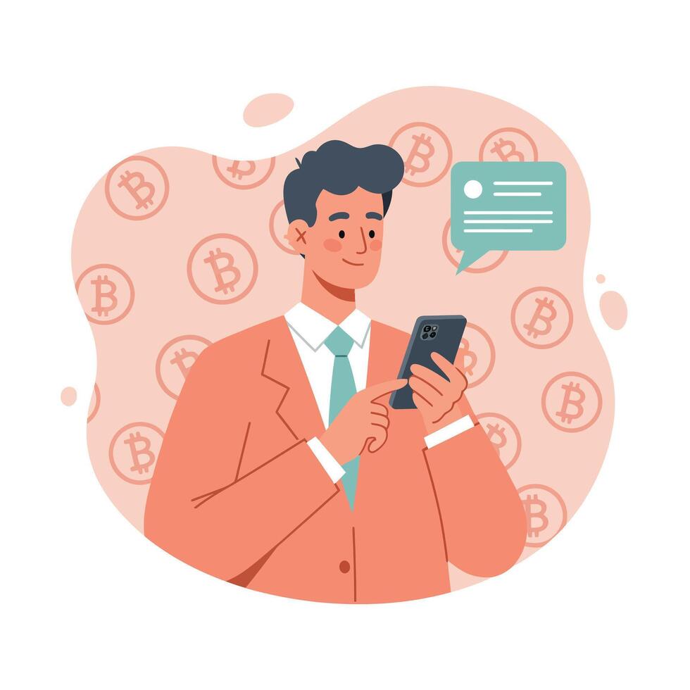 Businessman in orange suit using smartphone with bitcoin symbols digital currency concept illustration vector