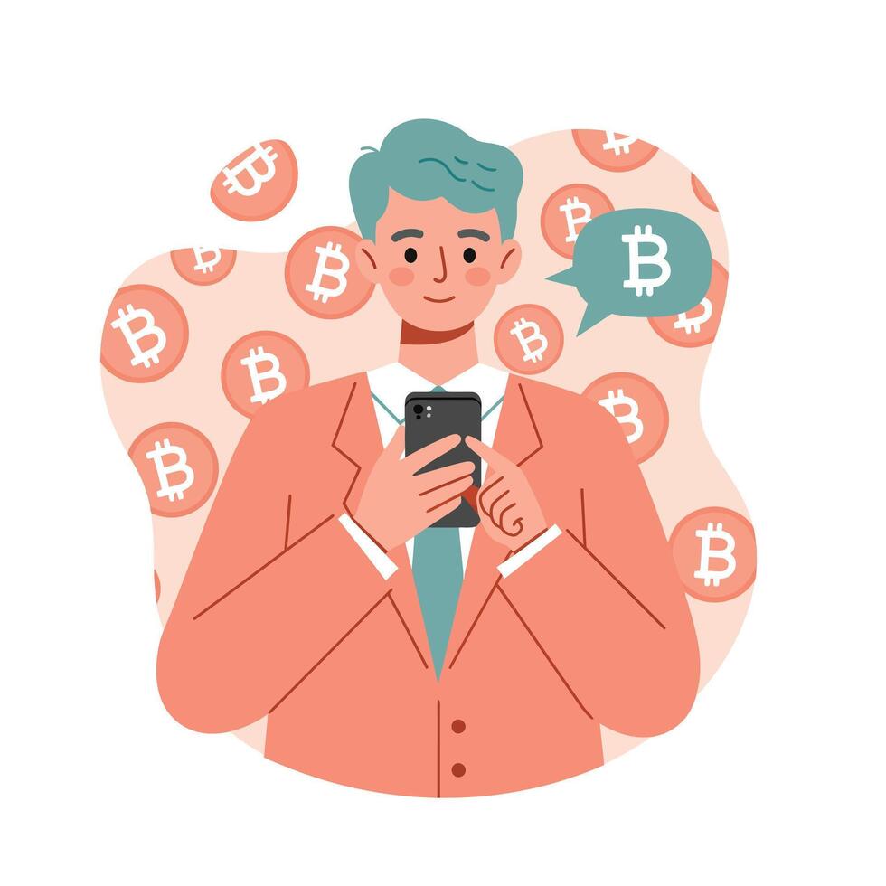 Man using smartphone with bitcoin cryptocurrency symbols around digital currency concept illustration vector