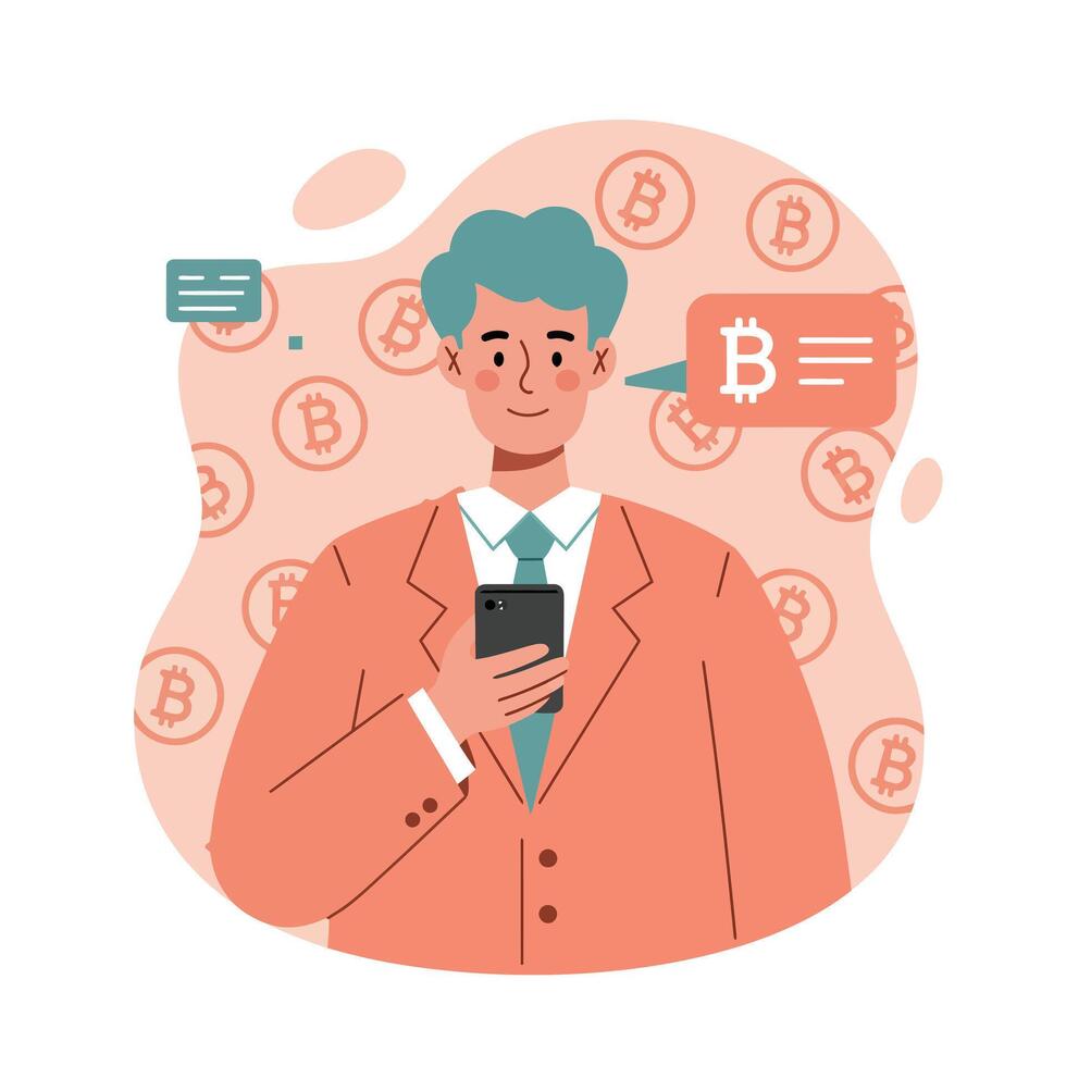Businessman using smartphone for cryptocurrency bitcoin communication and finance concept illustration vector