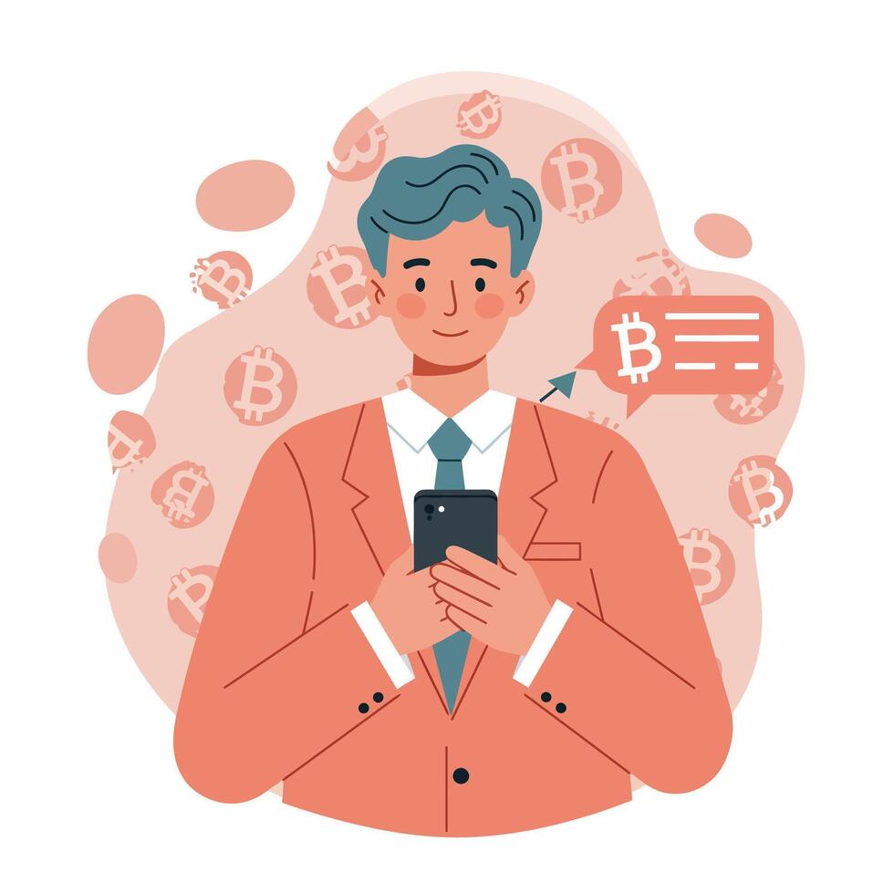 Businessman using smartphone with bitcoin digital currency icons around in illustration vector