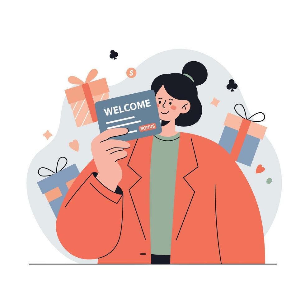 Woman Holding Welcome Bonus Card with Gift Boxes in Background Illustration for Rewards and Promotions vector