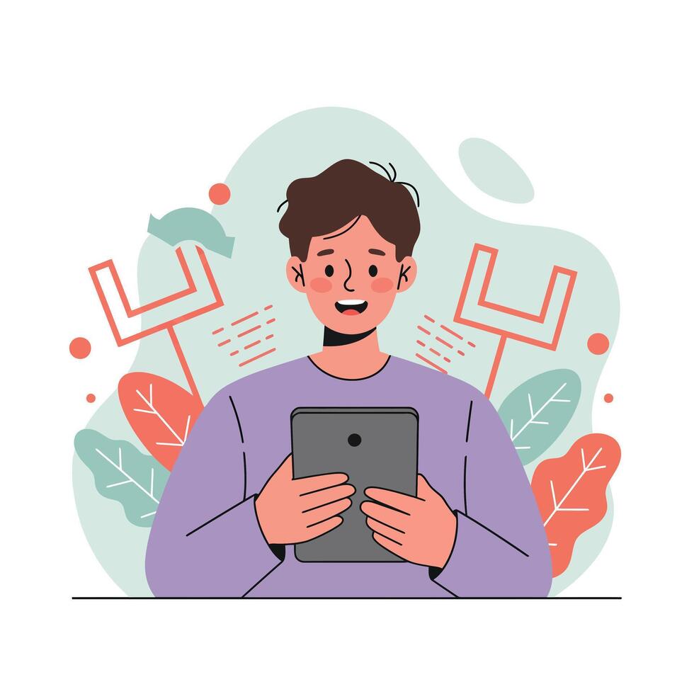 Young man using tablet with colorful leaves and abstract shapes background digital device technology illustration vector