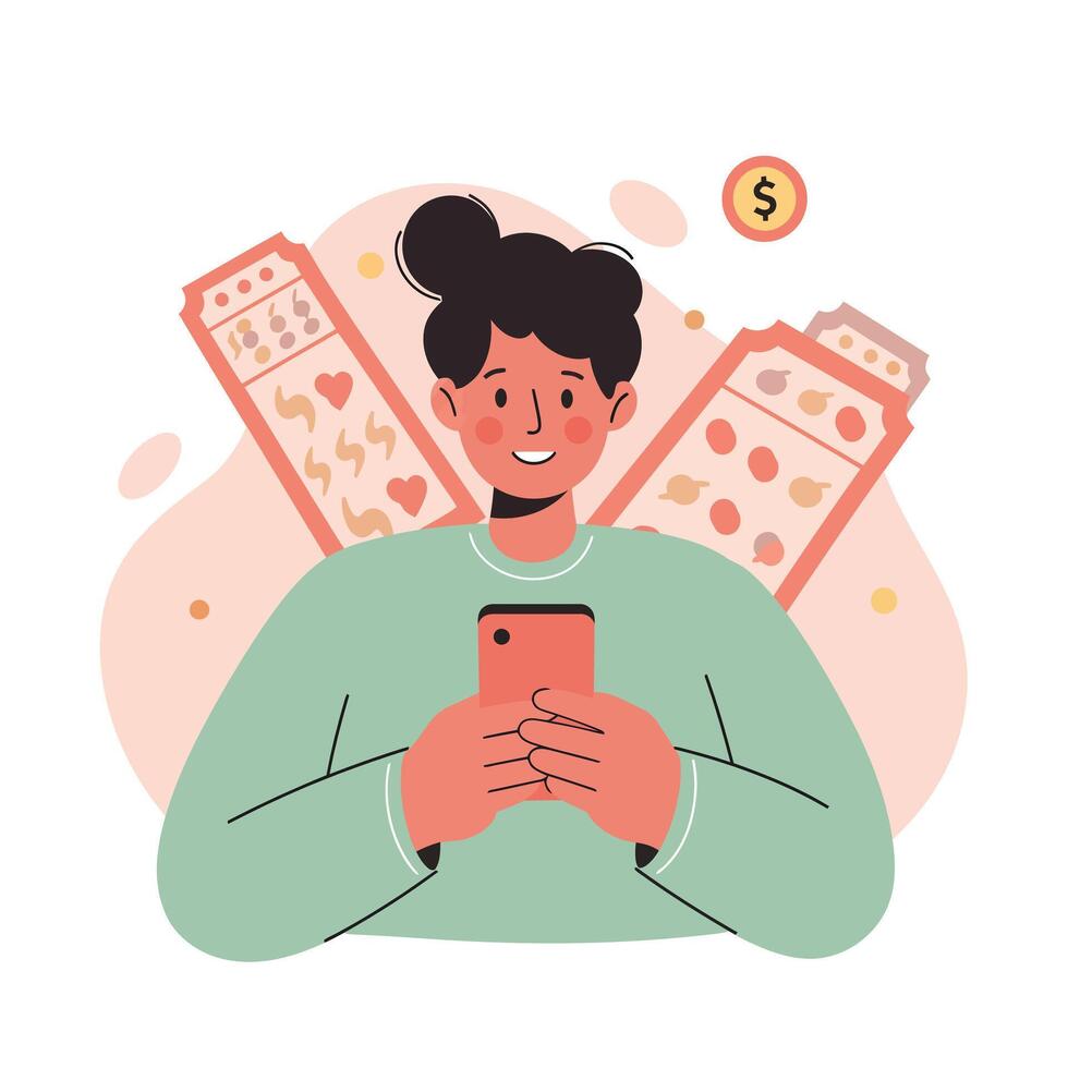 Young person using smartphone for online financial transactions with tall buildings in background illustration vector