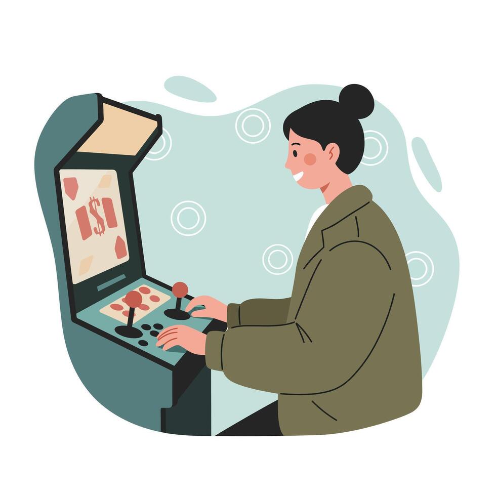 Woman playing retro arcade game console enjoying leisure time indoors casual style illustration vector