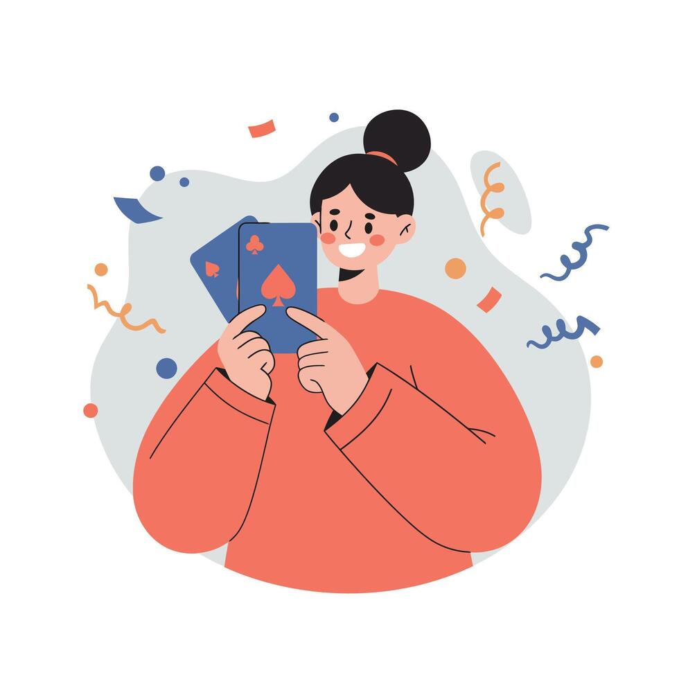 Woman holding playing cards enjoying game with confetti and celebration elements in flat style vector