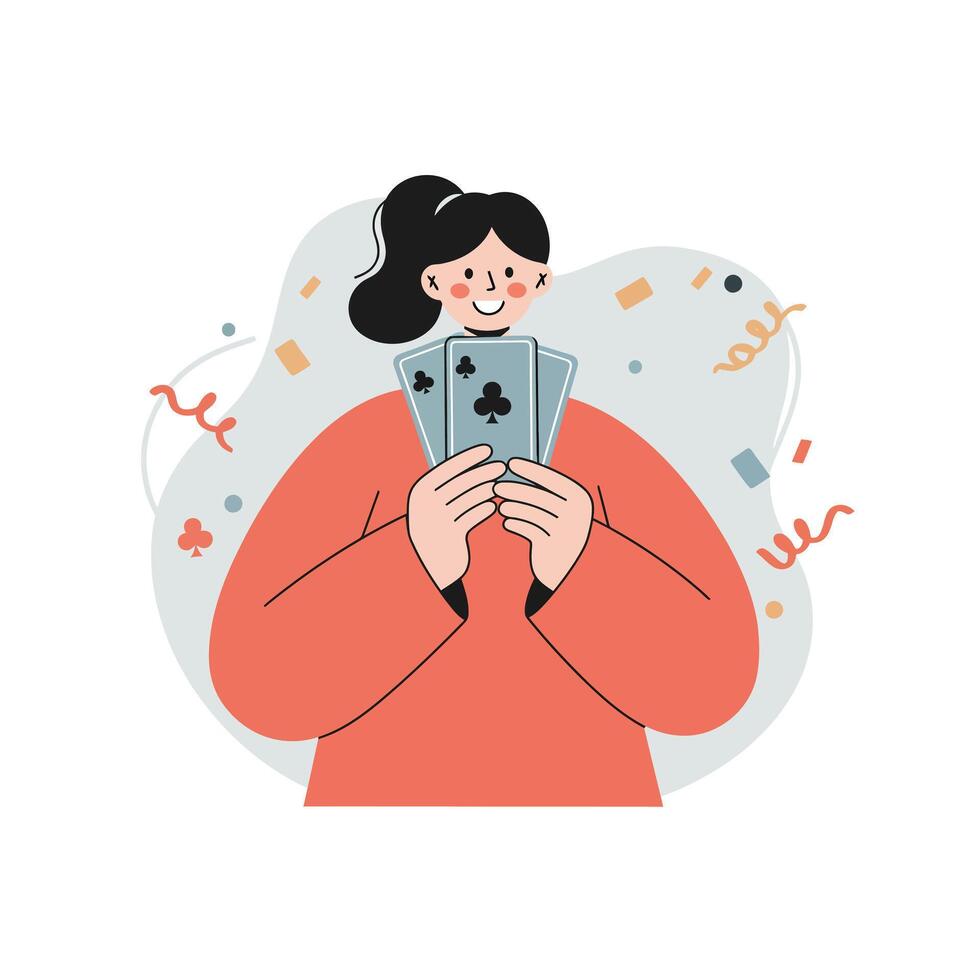 Woman holding playing cards in casual red outfit with festive confetti background illustration vector