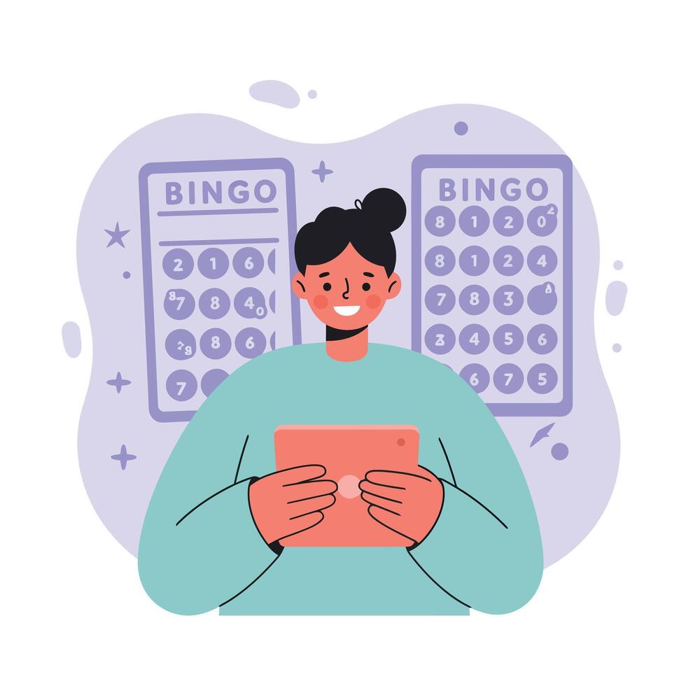Young woman playing bingo game on tablet device with bingo cards in background illustration vector